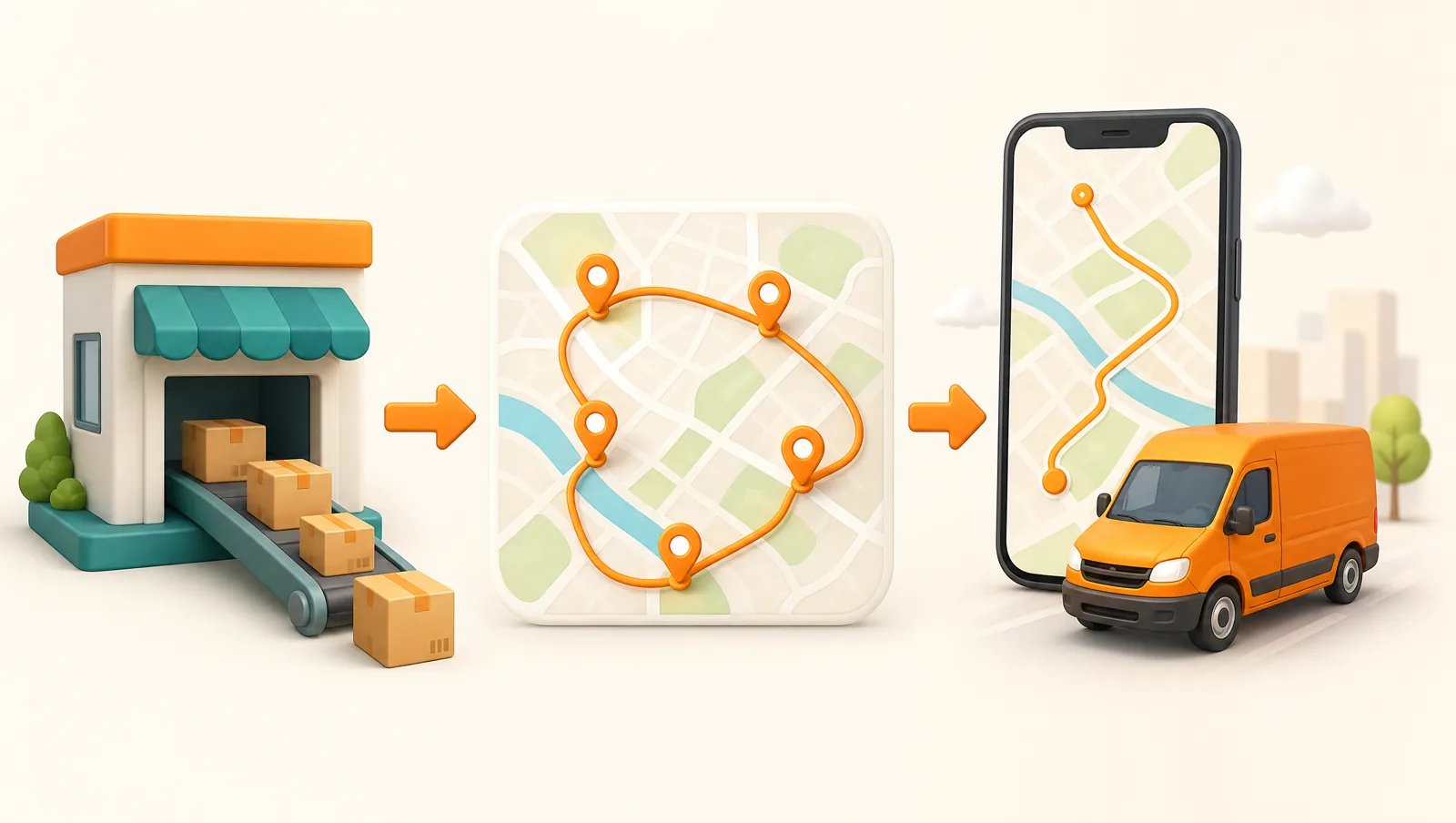 A left-to-right pipeline: a store sending parcels out on a conveyor, then an optimized orange route loop with pins, then a phone showing the route with a delivery van