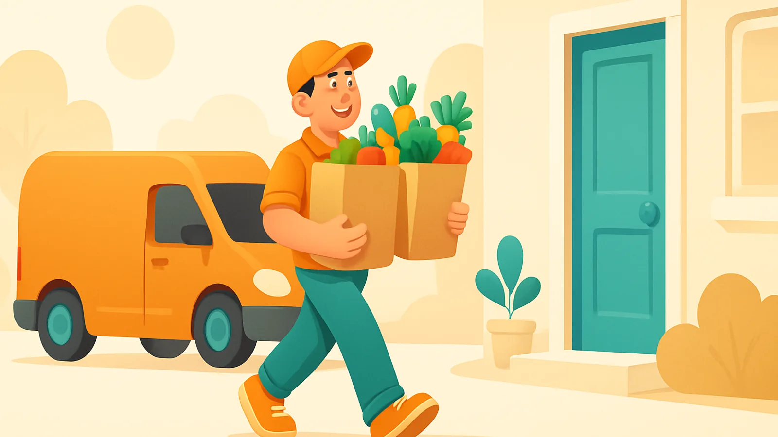 A delivery driver carrying two paper bags of fresh groceries from a small van to a customer's front door
