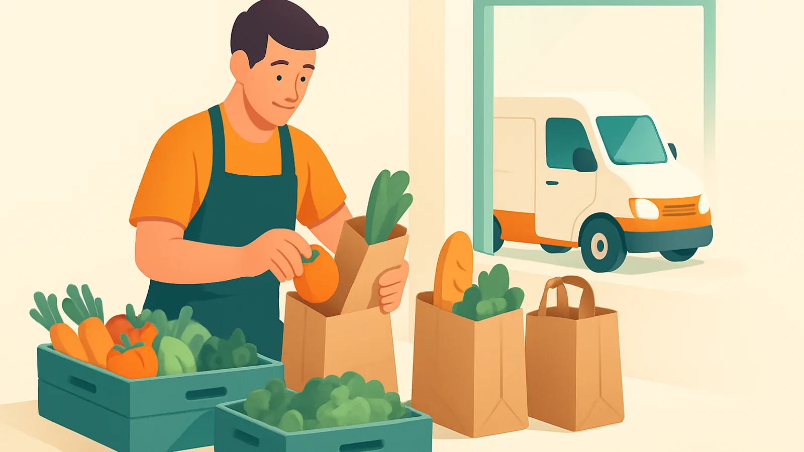 A grocery store worker in an apron packing fresh produce into paper bags and crates beside a waiting delivery van