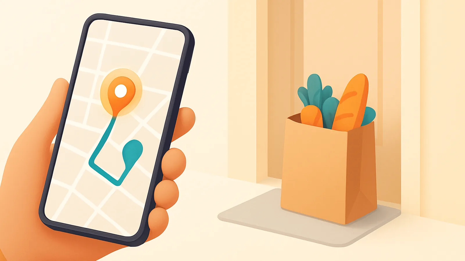 A phone showing a live delivery map with a location pin, beside a bag of groceries left on a doorstep
