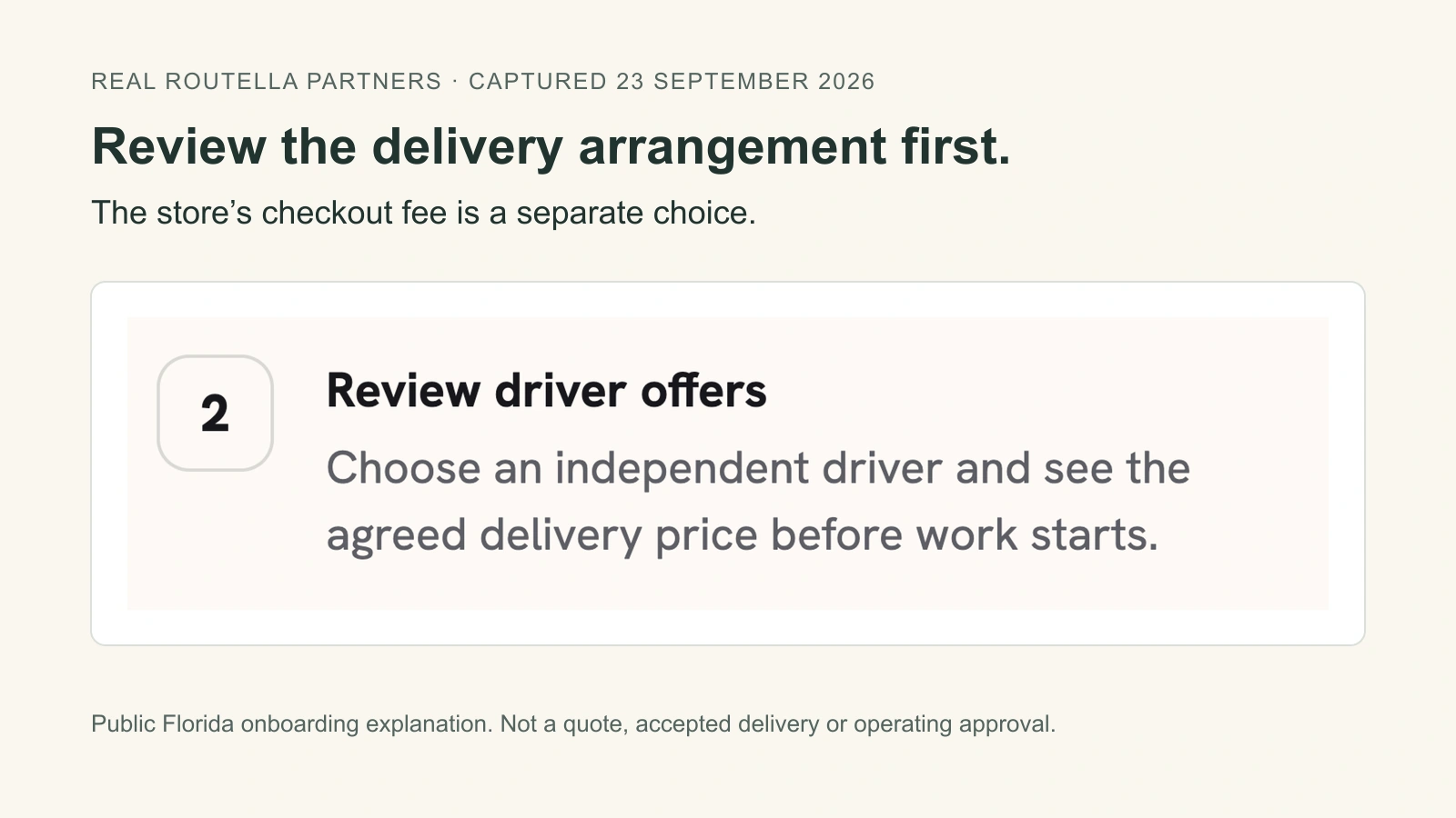 Real Routella Partners merchant setup: review driver offers and see the agreed delivery price before work starts