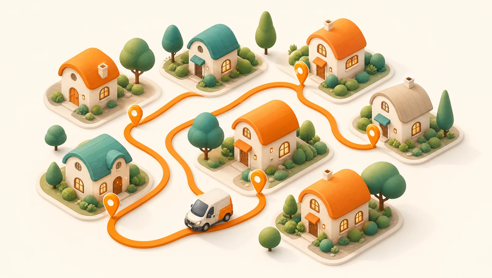 Isometric neighbourhood with a single orange route line looping between houses and connecting several map pins, one van following the path
