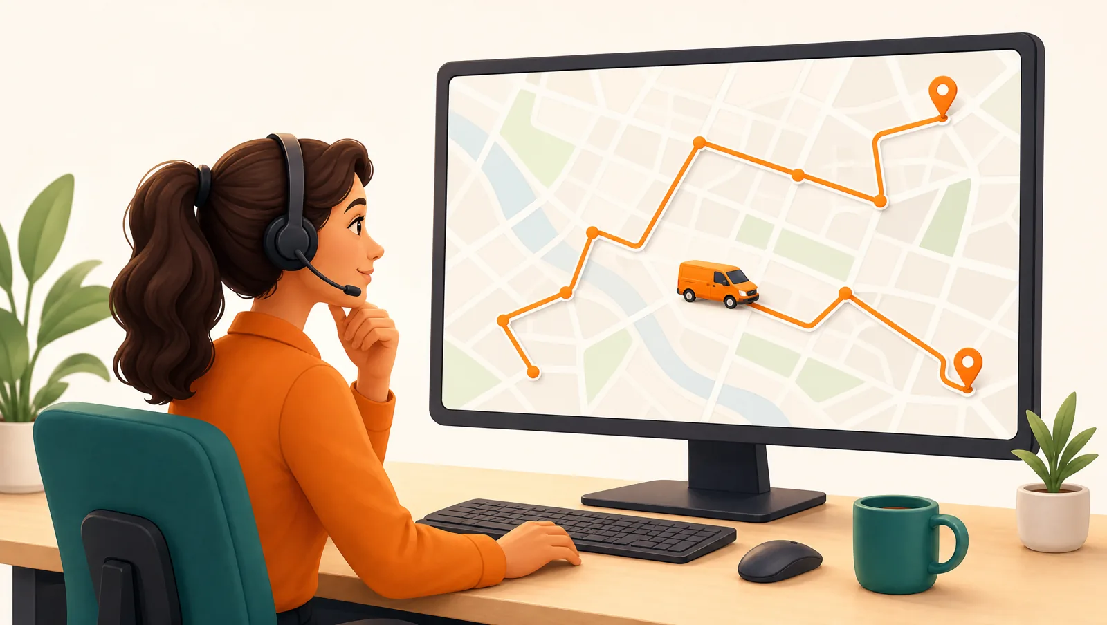 A dispatcher with a headset reviewing an optimized delivery route and a van on a map shown on a desktop screen