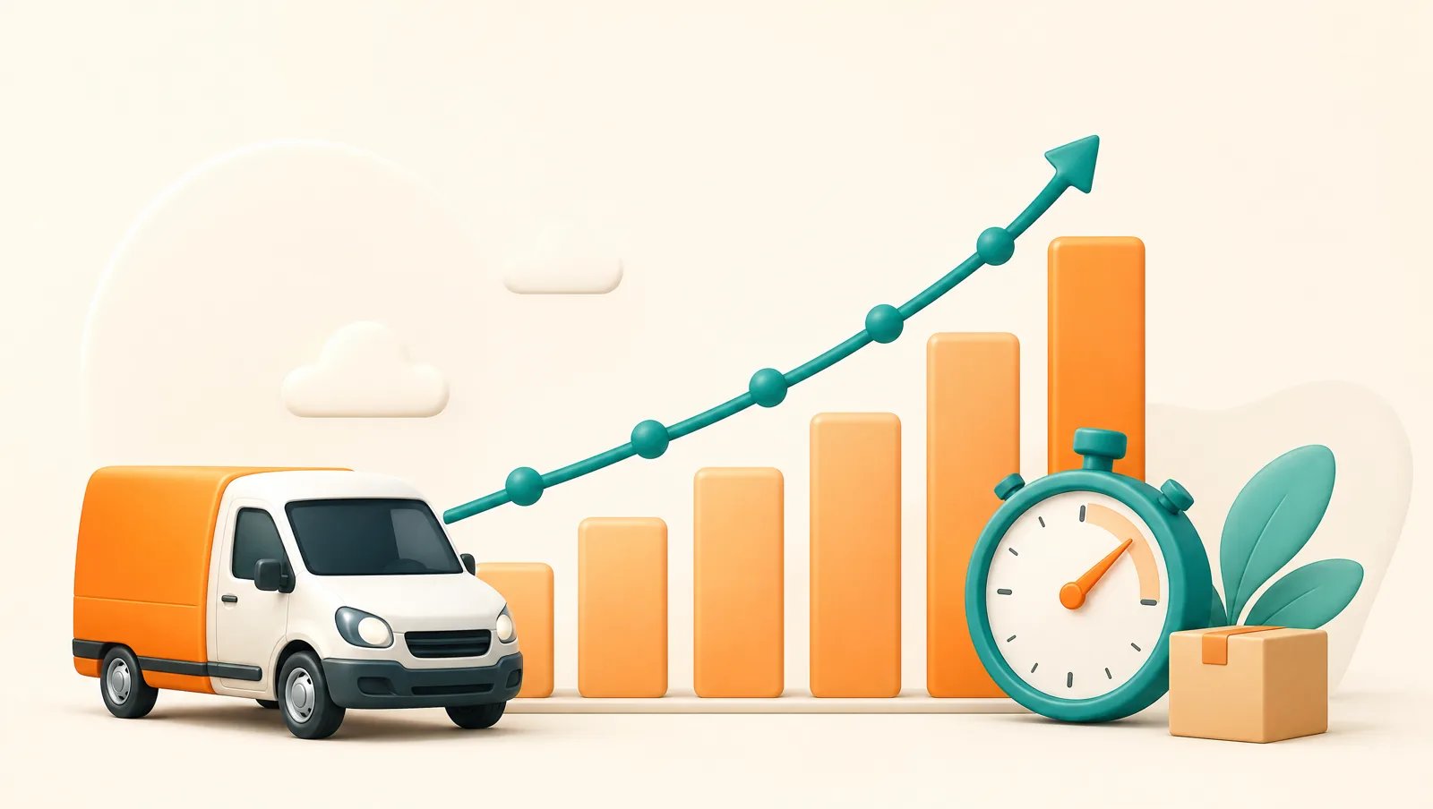 A delivery van beside a rising chart of orange bars and a teal trend line with a stopwatch, suggesting improving route efficiency over time