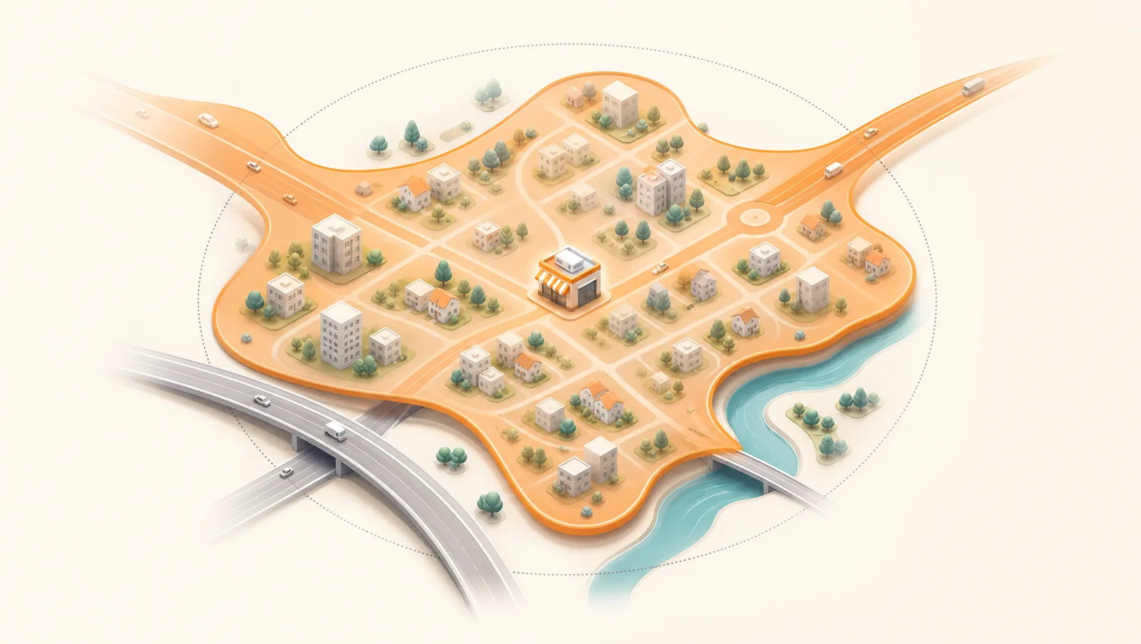 A neighbourhood with a central shop and an irregular orange drive-time zone that bulges along fast roads and pinches at a river and motorway, with a faint radius circle behind it