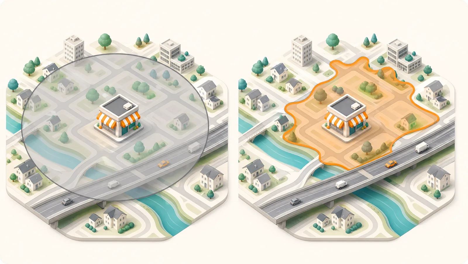 Two map panels: a grey radius circle spilling across a river and motorway on the left, an irregular orange drive-time shape hugging the roads on the right