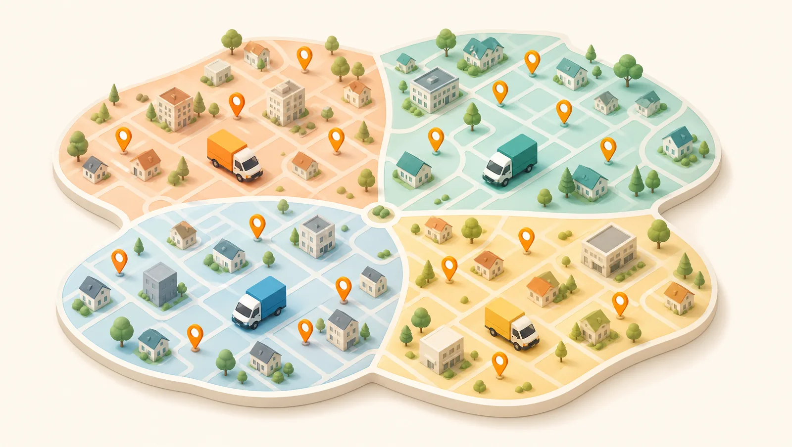 A town map split into four softly tinted zones, each with its own coloured delivery van and a cluster of map pins, meeting at a central point