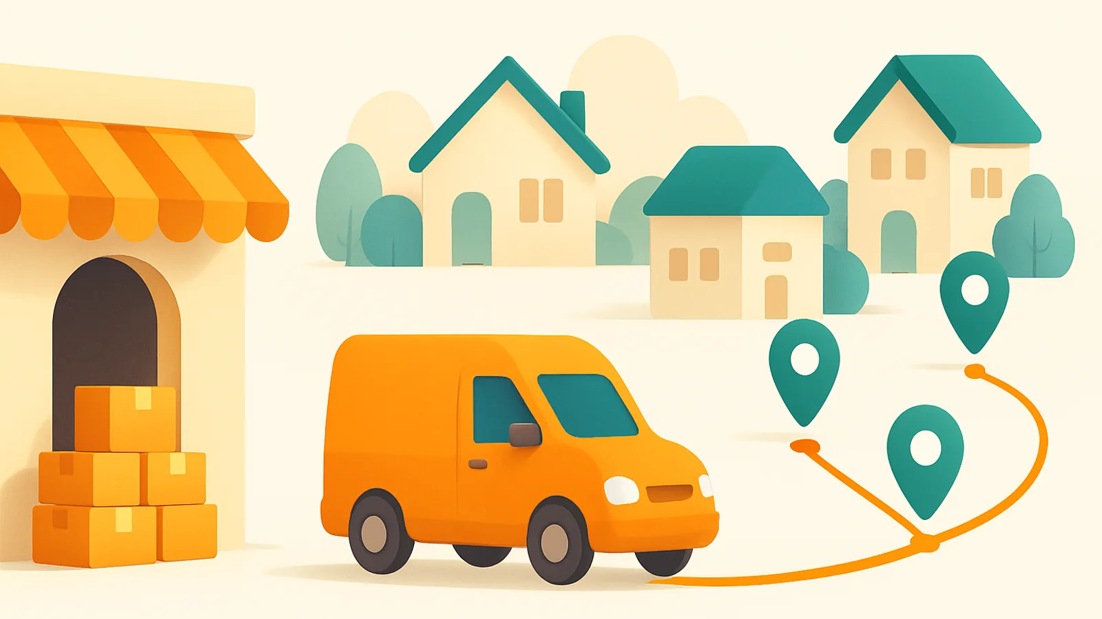 A small orange delivery van setting off from a local shop along a route that threads between several cozy houses