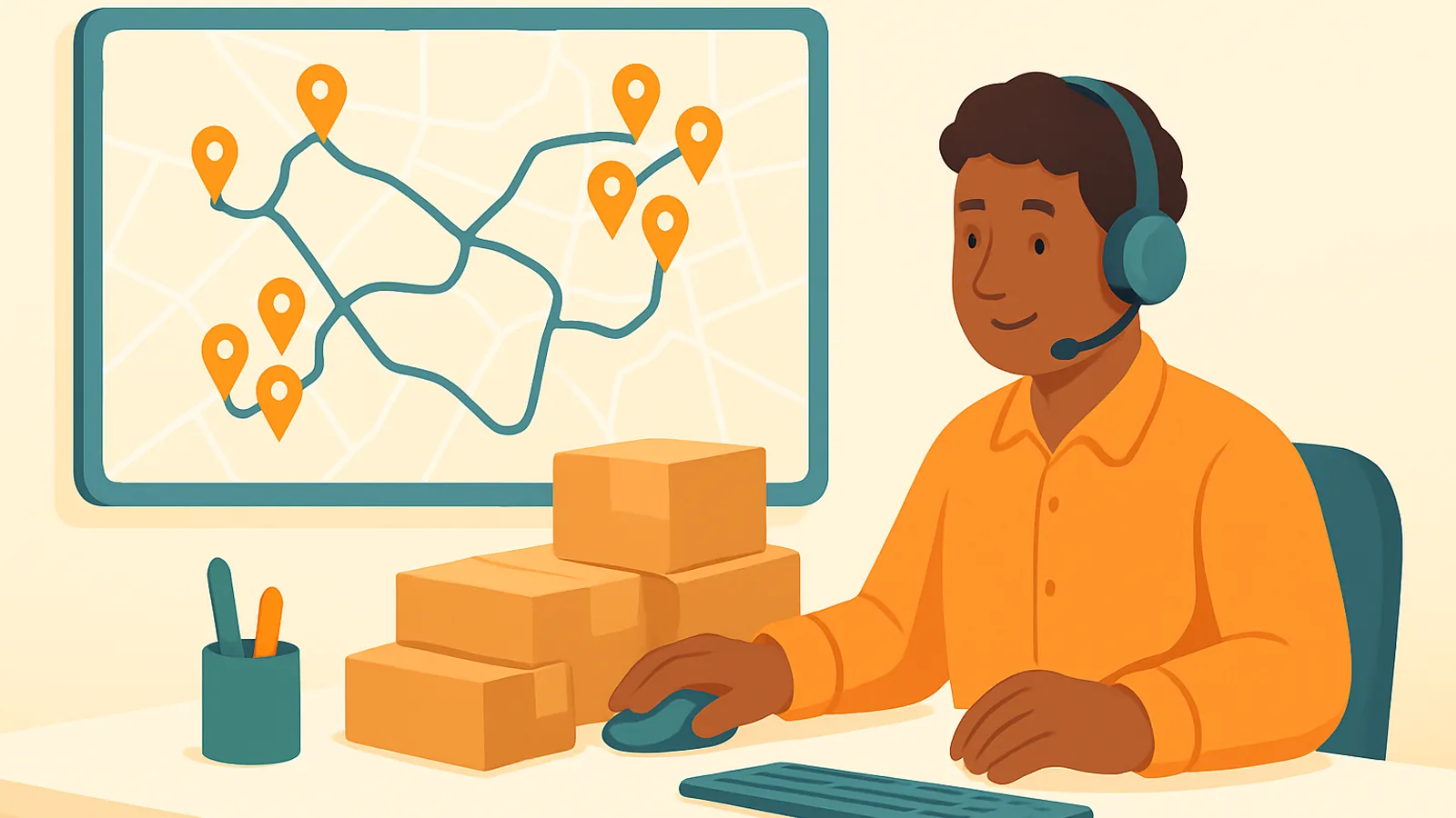 A dispatcher grouping incoming orders into optimized delivery rounds on a screen beside a friendly map of stops