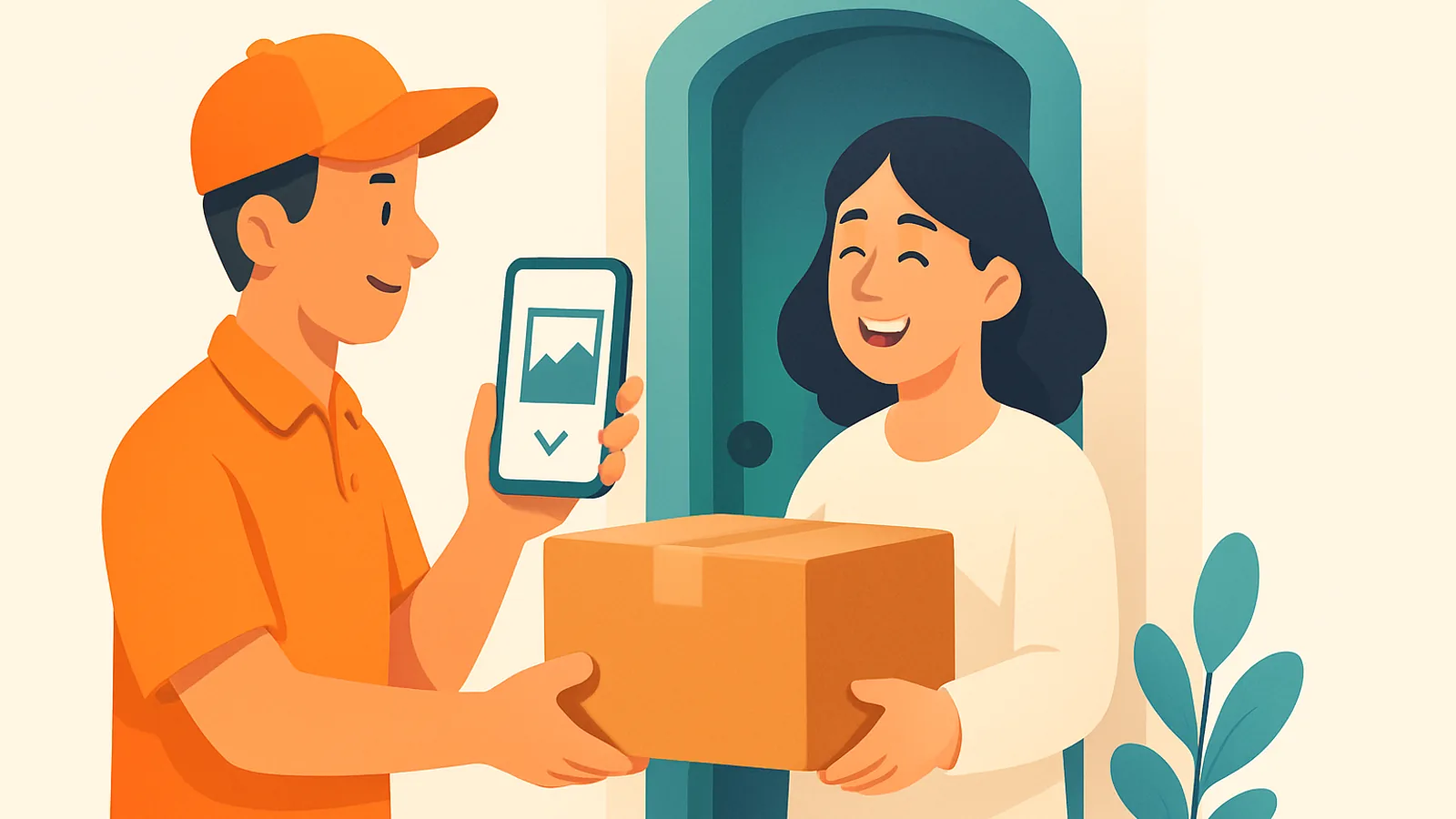 A friendly delivery driver capturing a proof-of-delivery photo on a phone while handing a parcel to a customer at their door