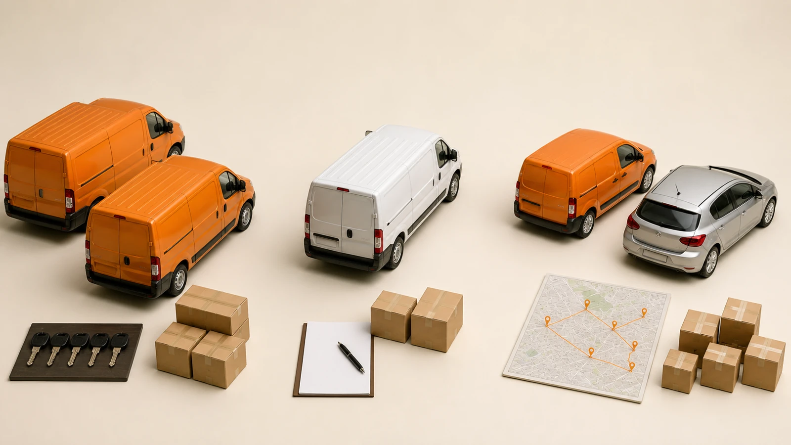 Three realistic delivery models shown side by side: an owned fleet, one outsourced van, and a hybrid van-and-car setup