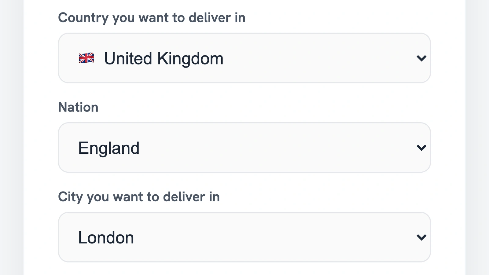 Real Routella driver signup form showing country, region and city selections for an example UK service area