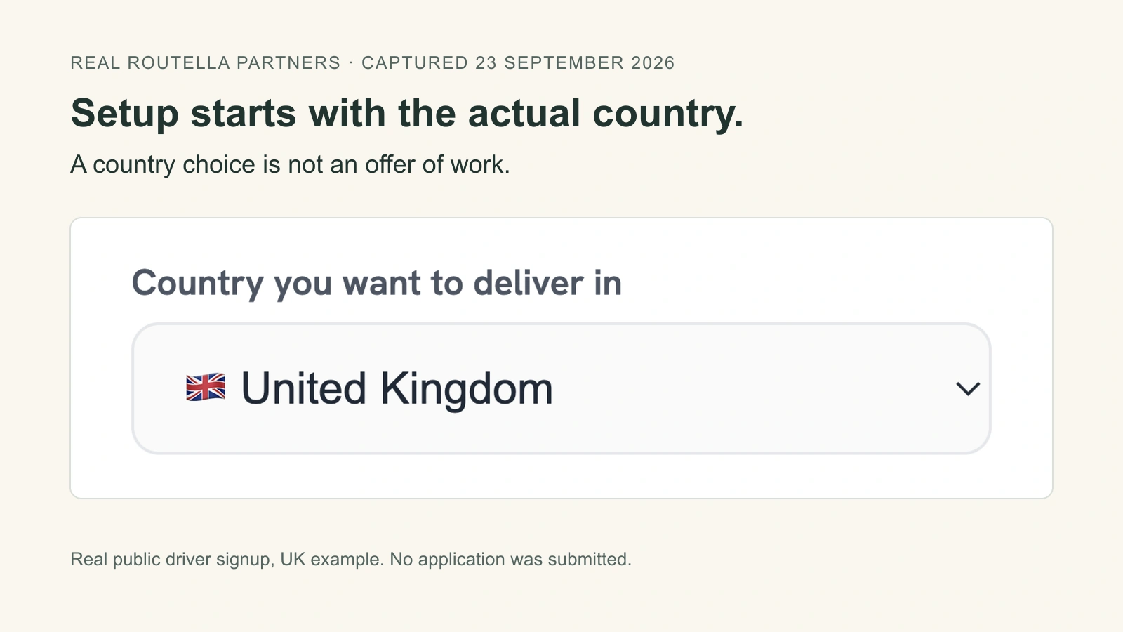 Current real Routella Partners driver signup country selector with the United Kingdom selected