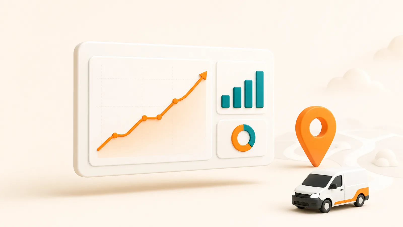 Delivery performance dashboard with a rising orange trend line, a teal bar chart, a location pin and a delivery van