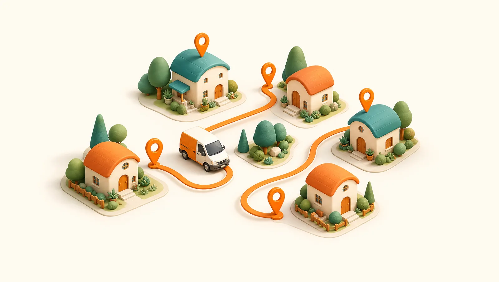 Isometric neighbourhood of houses linked by an orange delivery route line with map pins and a compact van mid-route