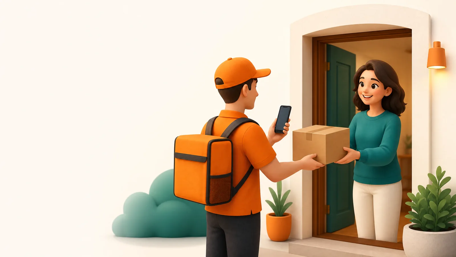 Friendly delivery driver handing a parcel to a happy customer at the door while holding a smartphone