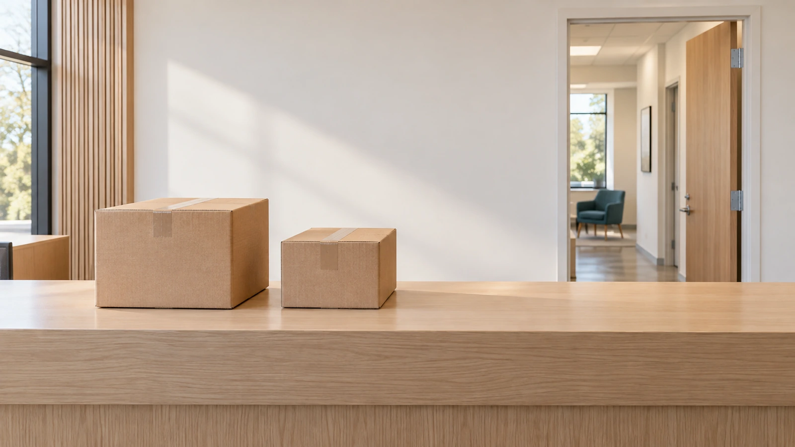 Last mile delivery receiving place illustrated by two sealed cartons on a business reception counter