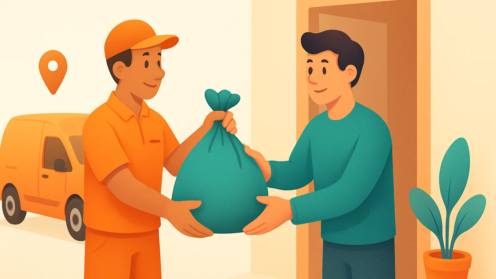 A delivery driver collecting a laundry bag from a customer at their front door, with a small orange van waiting outside