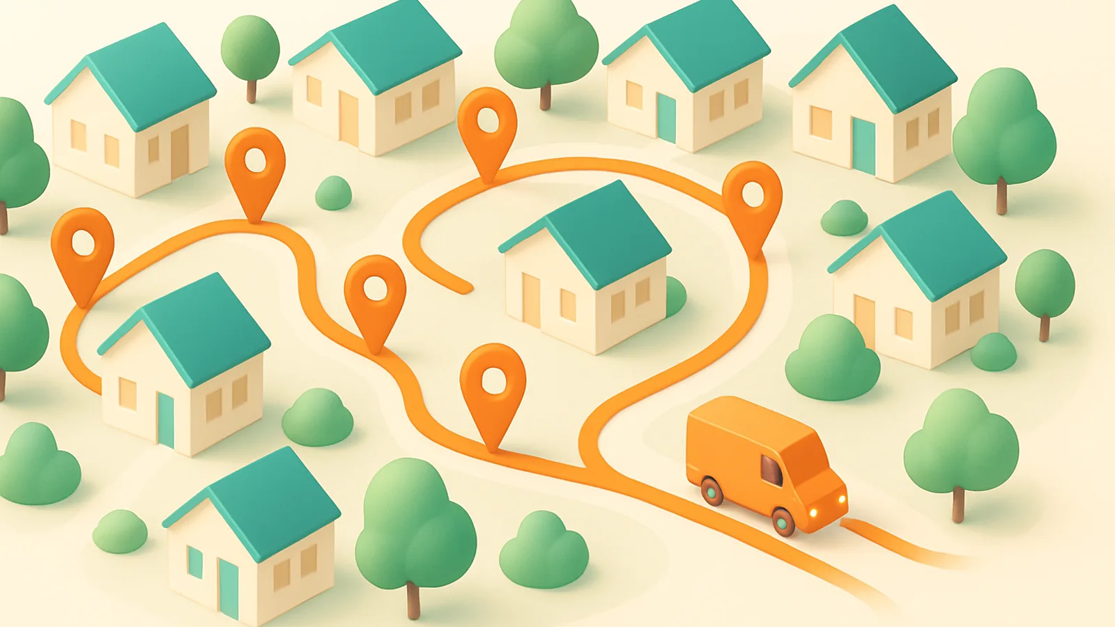 Isometric neighbourhood with an orange route line connecting map pins between houses and a delivery van on its way