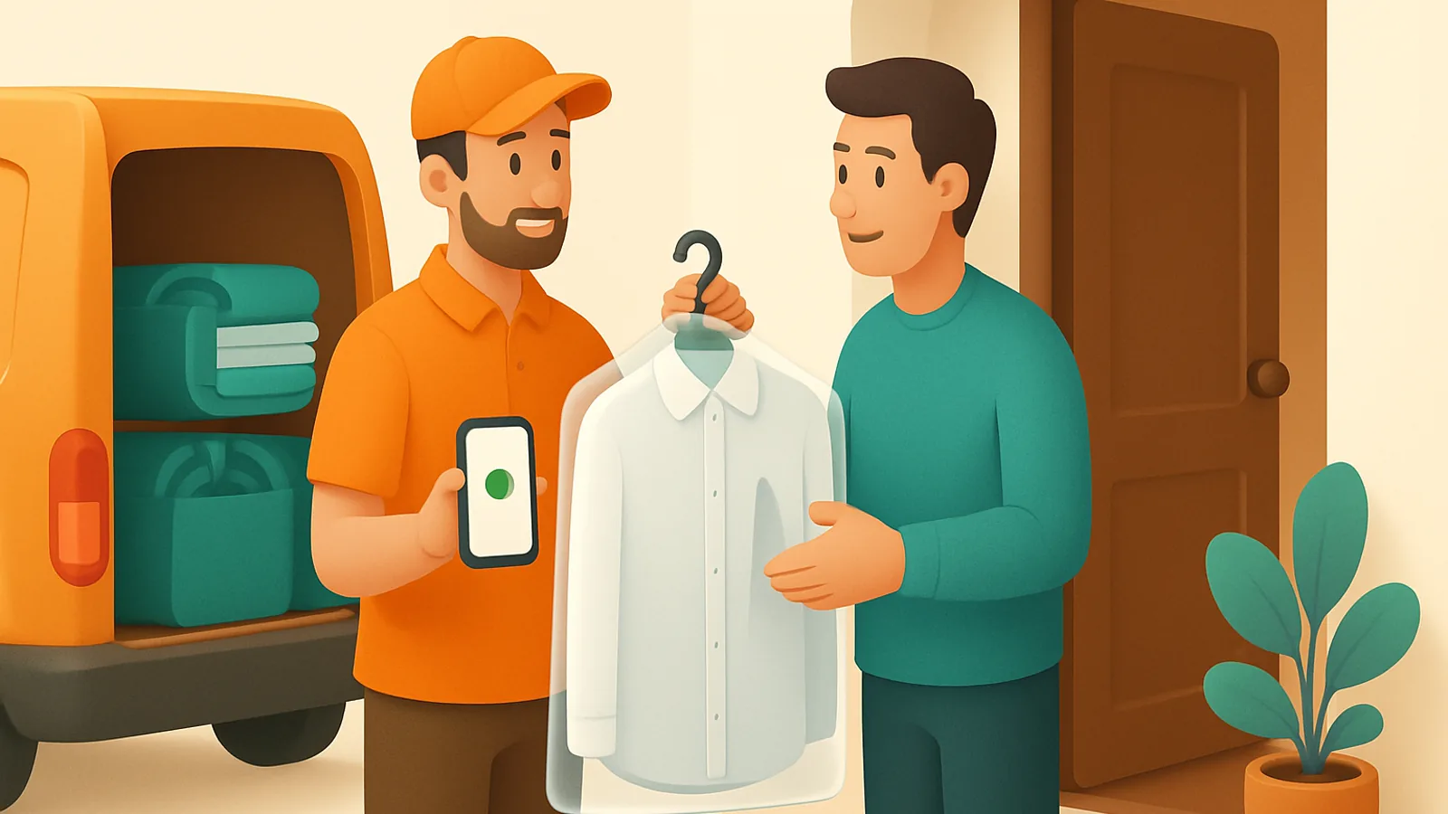 A driver handing back freshly cleaned clothes on a hanger while confirming the handover on his phone