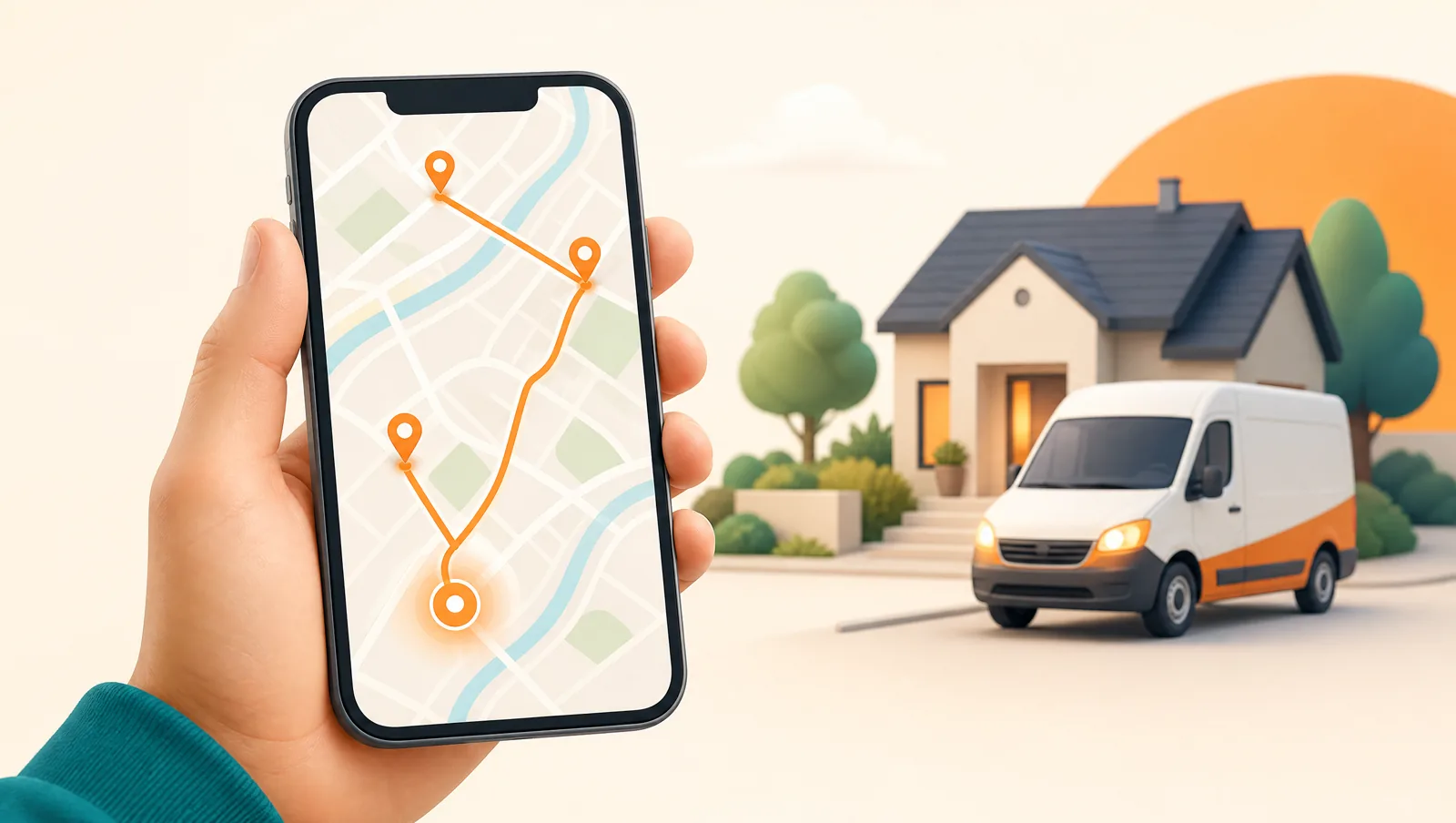 A hand holding a smartphone showing a live delivery map with an orange route line, orange map pins, and a glowing dot for the moving driver, with a delivery van approaching a house