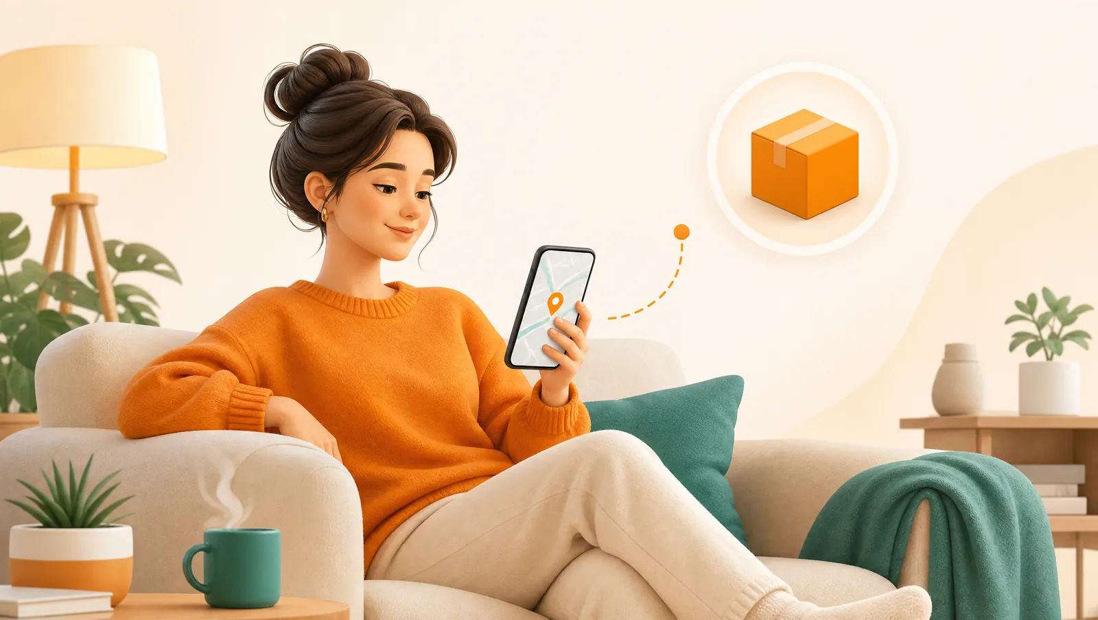 A relaxed customer on a cozy sofa calmly glancing at a phone showing a small map with an orange location dot, a steaming mug nearby and a floating parcel icon