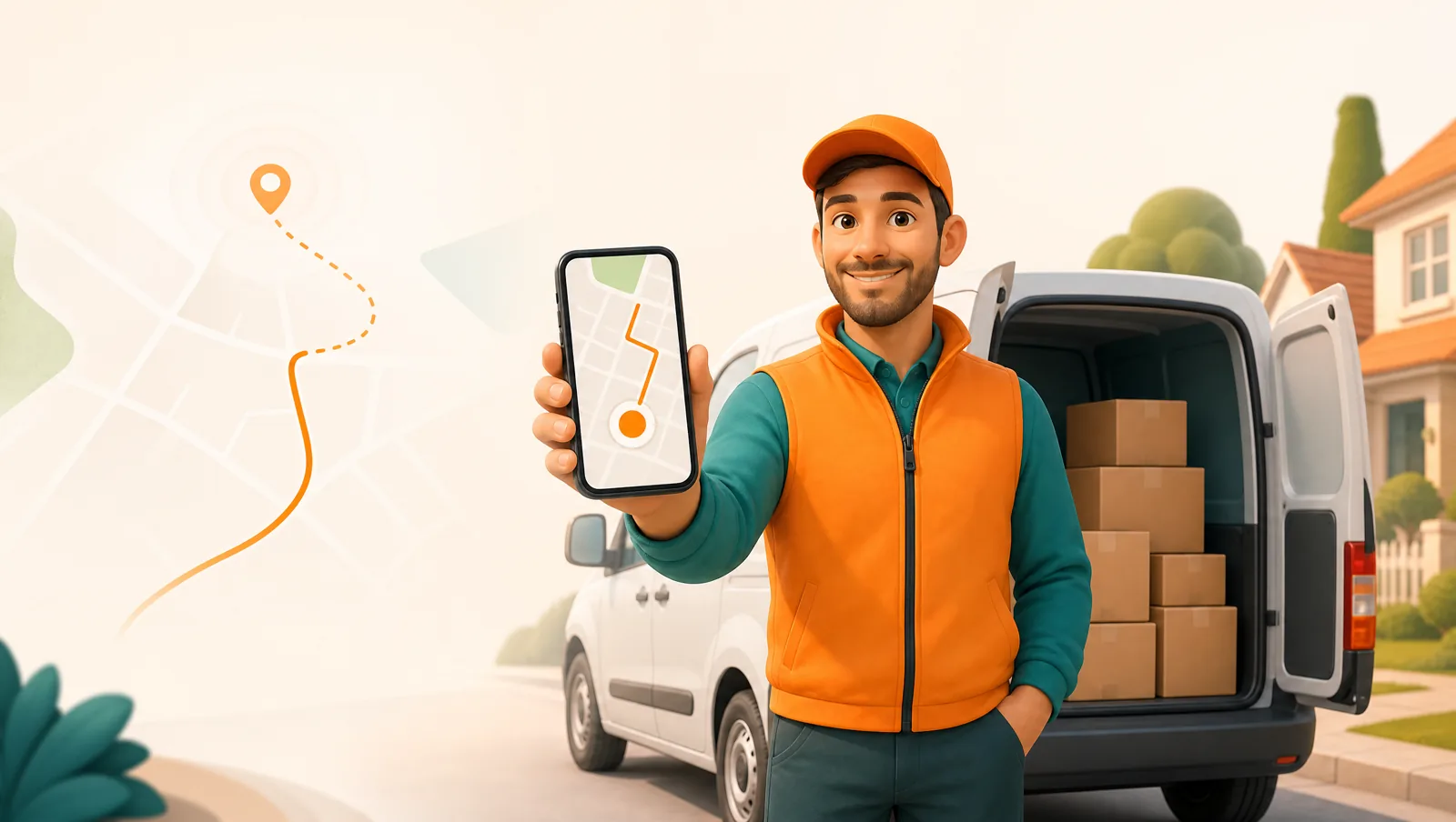 A friendly delivery driver beside an open van full of parcels, holding a phone that shows a simple map with an orange route line and location dot