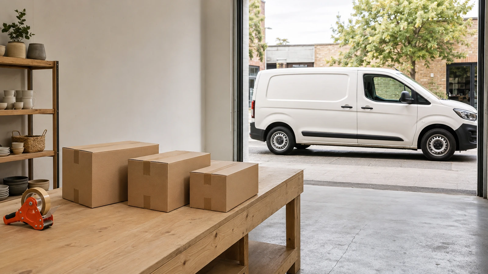 Packed shop orders beside a loading doorway and a van, ready for a local delivery company to collect