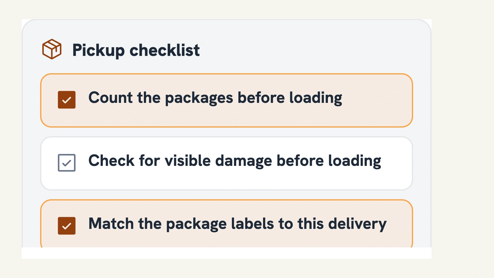 Real Routella Partners pickup checklist showing package-count and order-label checks before loading