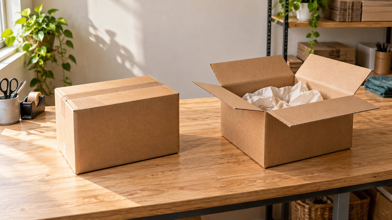 On-demand delivery readiness shown by a sealed carton beside a separate order still being packed