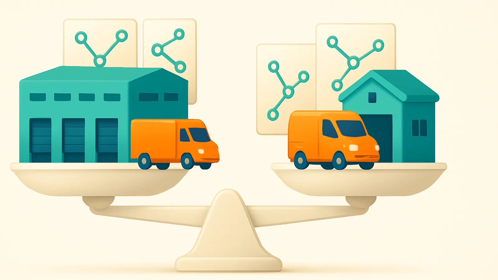 A balance scale comparing a large delivery depot and box truck with a small local garage and compact van, each backed by simple route maps