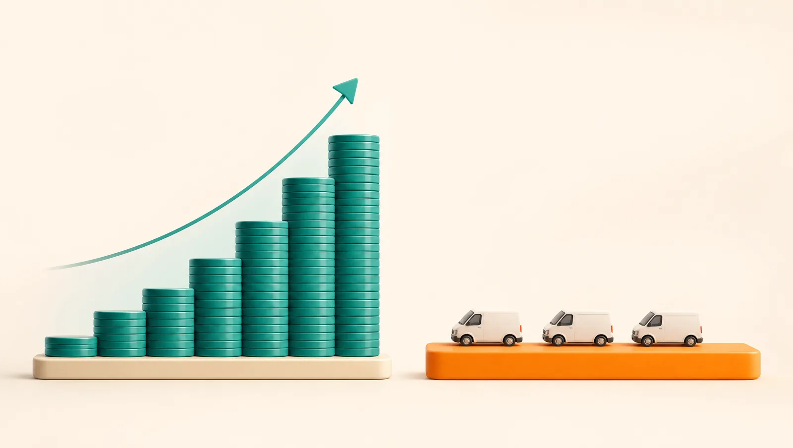 A climbing staircase of stacked coins with a rising arrow on the left, and a single flat low bar carrying several vans on the right