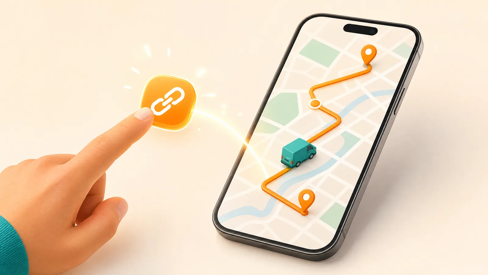 A fingertip tapping a glowing orange link chip that opens a delivery route with map pins and a van on a phone screen
