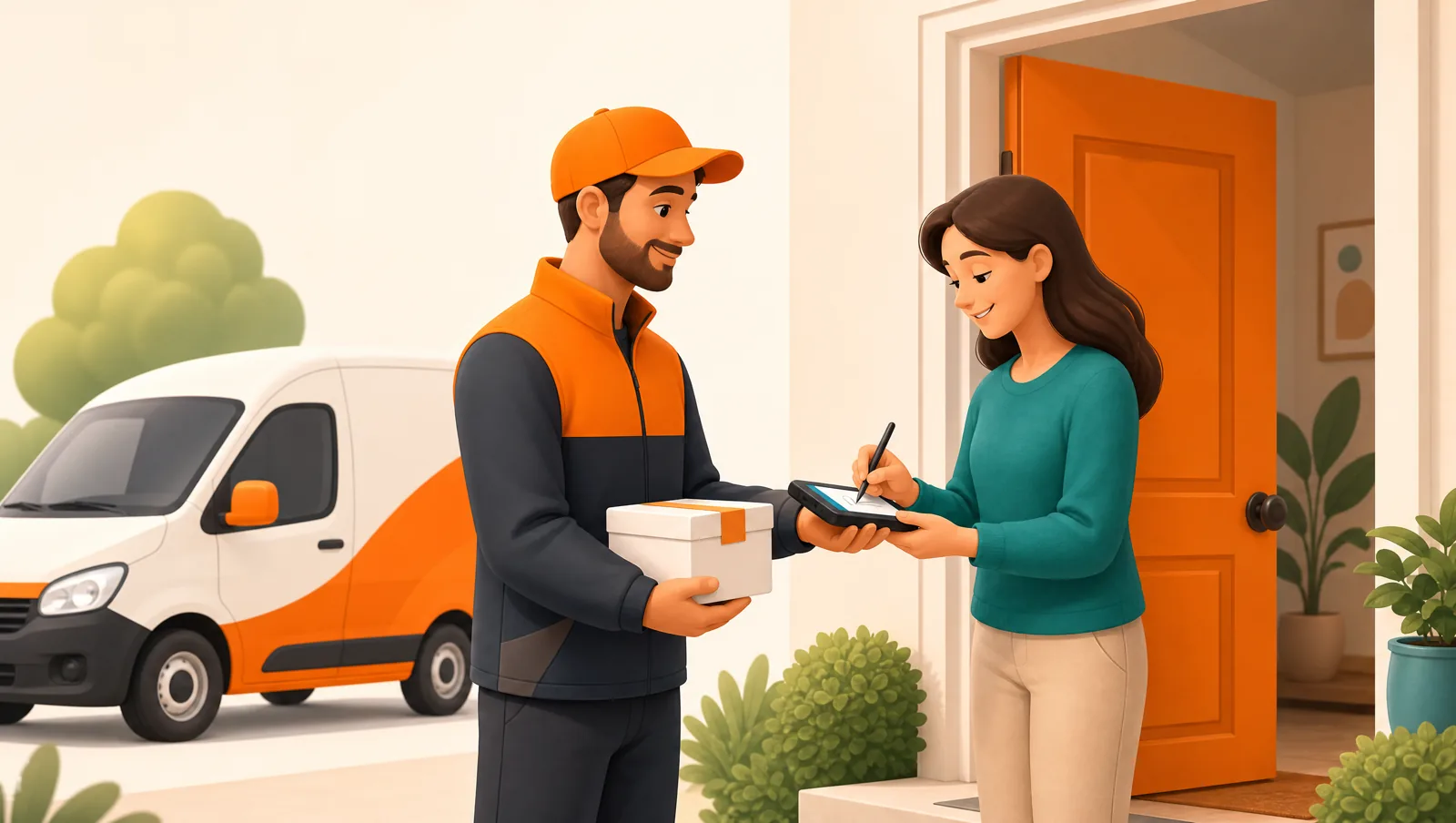 A pharmacy delivery driver handing a sealed medical parcel to a patient who signs for it on a handheld device at the door