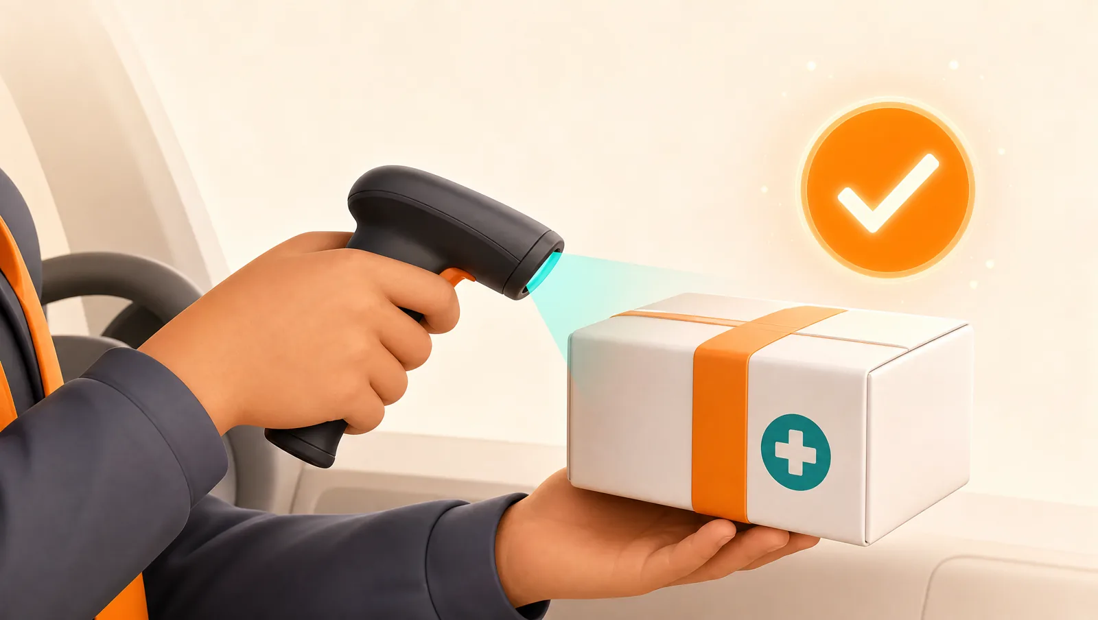 A driver scanning a sealed medical parcel with a handheld scanner, a confirmation checkmark glowing beside it