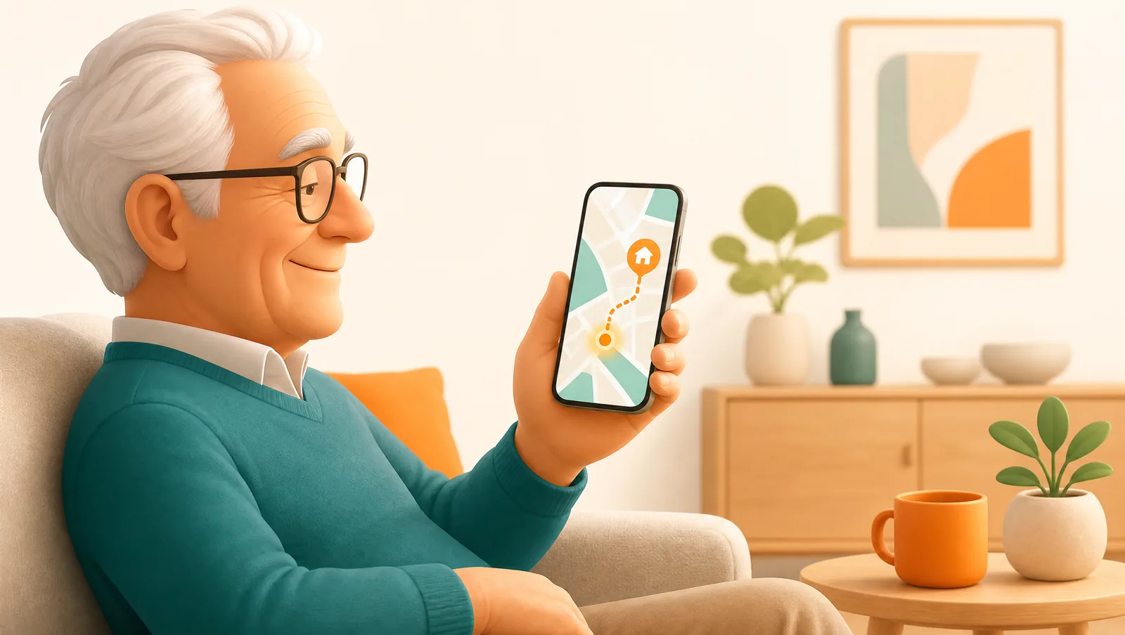 An older patient at home smiling at a phone showing a live delivery map with the driver approaching their address