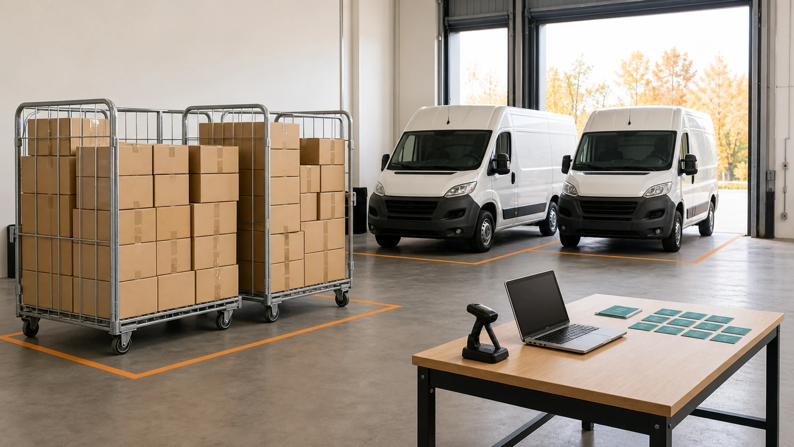 A realistic delivery warehouse prepared for peak season with parcel cages, two vans, and a dispatch station