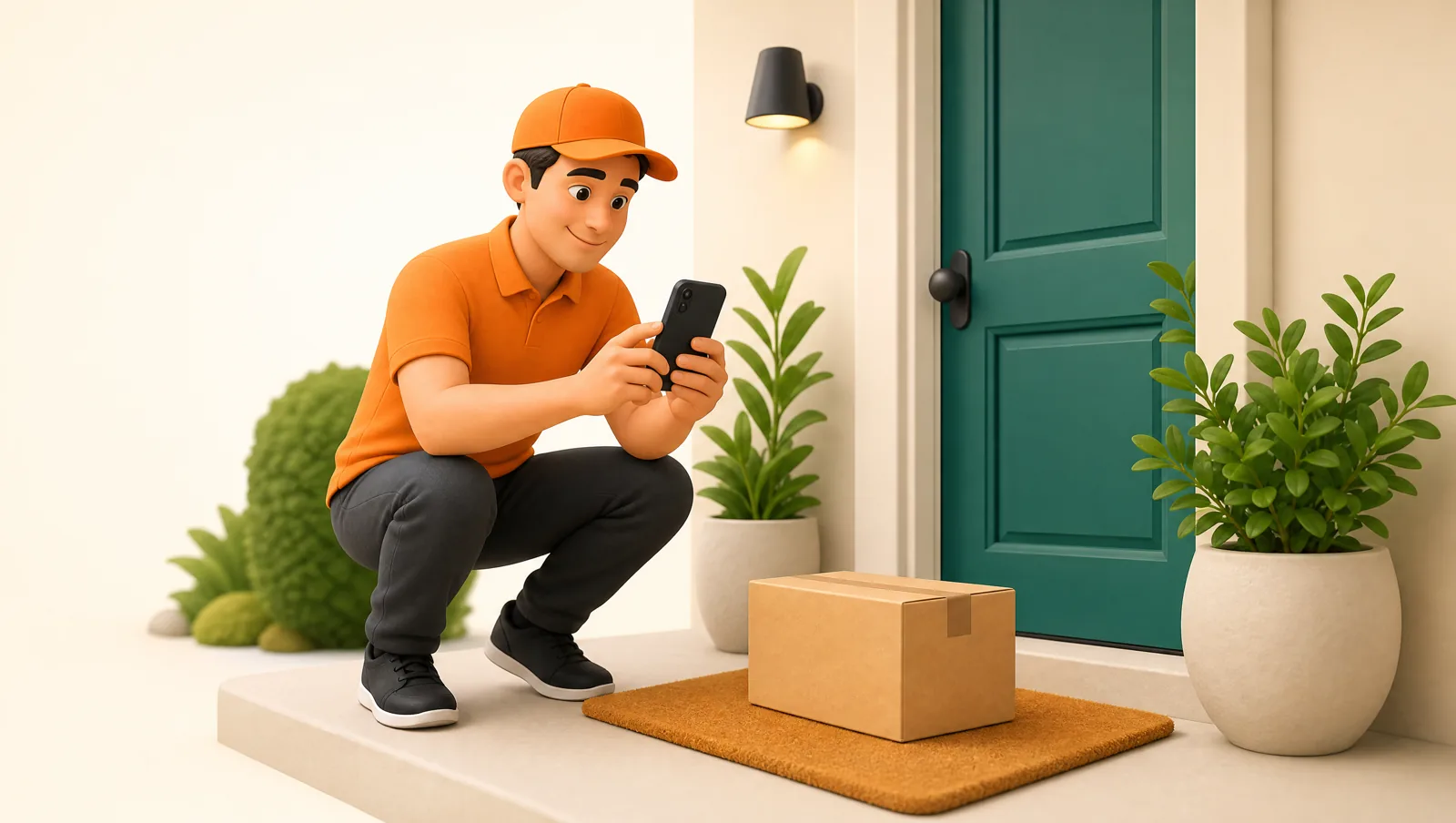 A delivery driver crouching at a front door photographing a parcel left on the doormat with a smartphone