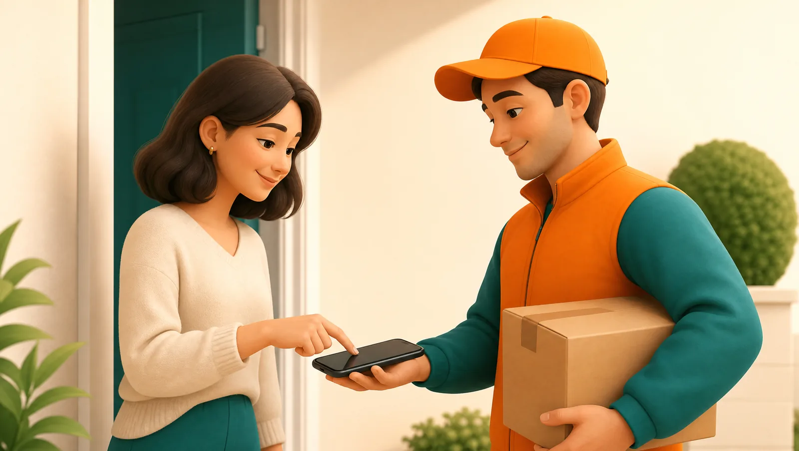 A customer signing with a fingertip on a delivery driver’s smartphone screen at the front door while the driver holds a parcel