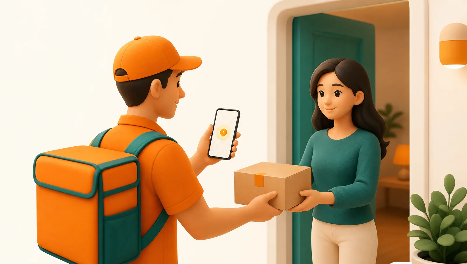A delivery driver handing a parcel to a customer at the door while holding up a phone showing a glowing location pin on a small map