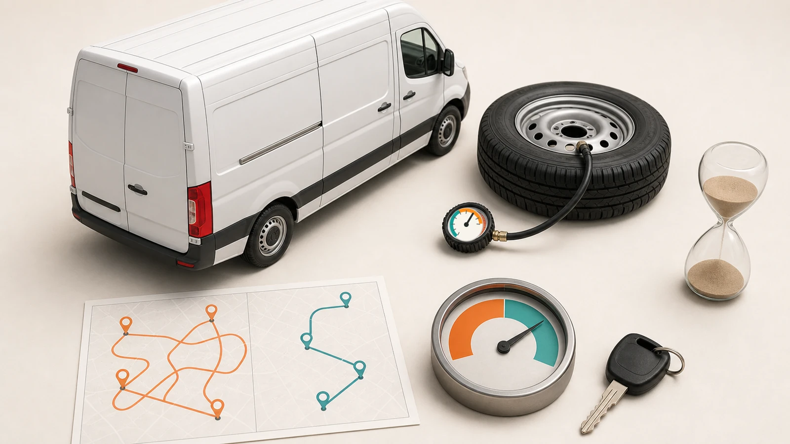 A realistic fuel-control desk with a delivery van, tire-pressure hose and gauge, route comparison, efficiency dial, key, and hourglass