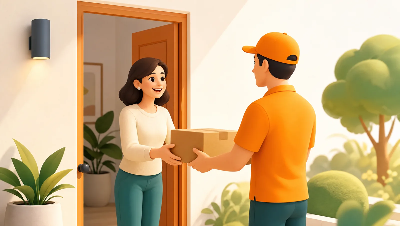 A smiling customer opening the front door to receive a parcel from a friendly delivery driver