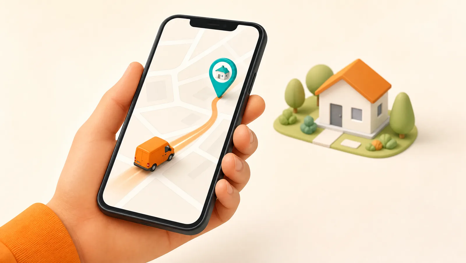 A hand holding a phone showing a live map with a delivery van approaching a house marked by a pin