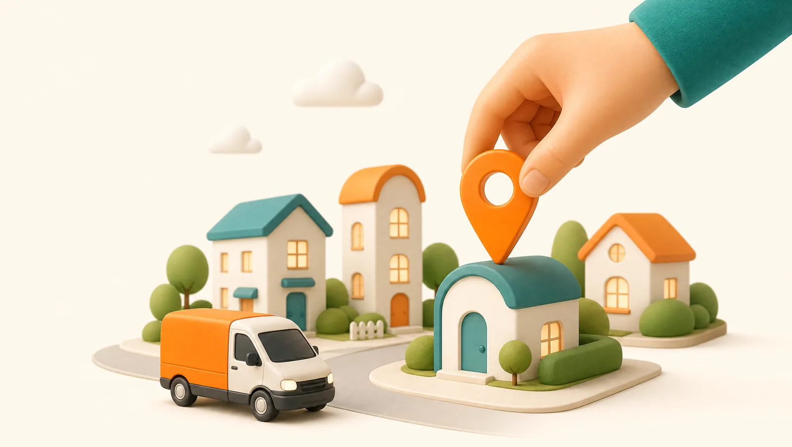 A hand placing an orange map pin precisely onto the correct house in a small neighbourhood while a delivery van waits on the street