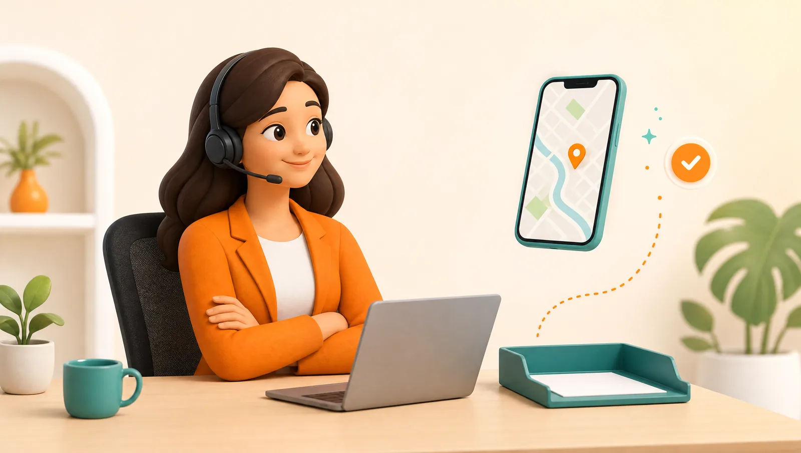 A calm customer-support agent with a headset at a tidy desk with a near-empty inbox tray, beside a floating phone showing a small map with an orange location dot answering the question automatically