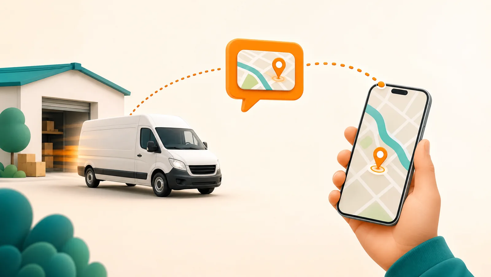A delivery van leaving a depot while an orange message bubble holding a small map and location pin flies along a dotted arc to a smartphone in a waiting hand