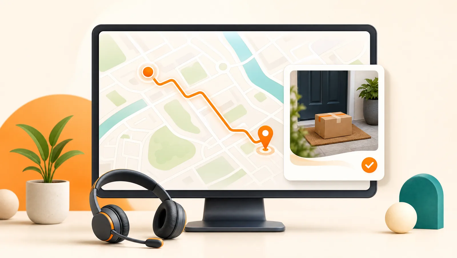 A desktop monitor showing a live delivery map with an orange route line and pin next to an inset doorstep parcel photo as proof of delivery, with a support headset in front