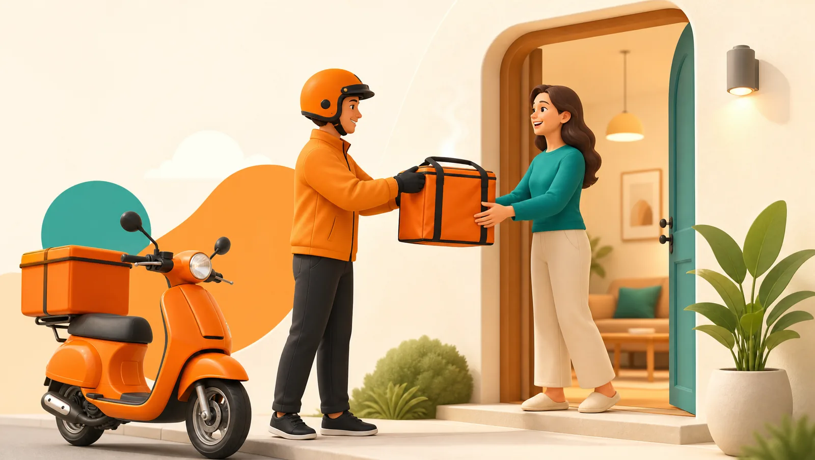 A restaurant’s own delivery driver handing a warm insulated food bag to a happy customer at the door