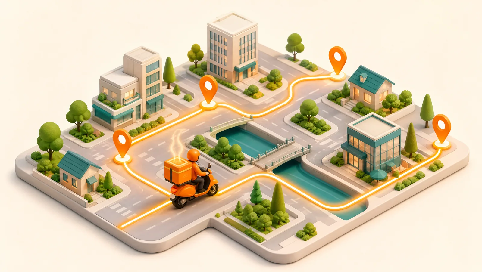 An overhead view of a delivery scooter following a short optimized route between map pins through city streets