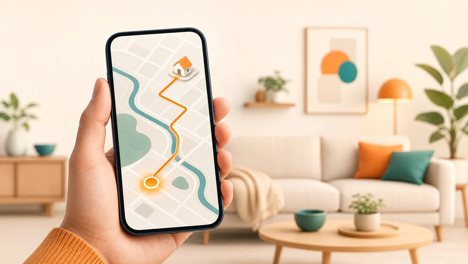 A customer holding a phone showing a live delivery map with the driver’s location dot moving toward their home